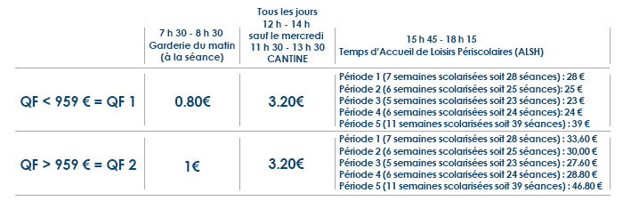 TARIFS POUR LA RENTREE 2016/2017 TARIFS POUR LA RENTREE 2016/2017